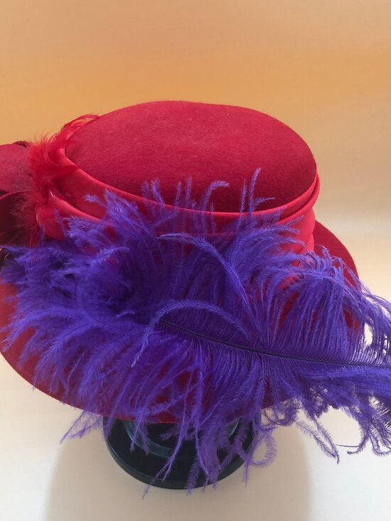 ? Vintage Red Felt Hat w/ Purple Feather & Floral Detail – Statement Church Hat main image 6